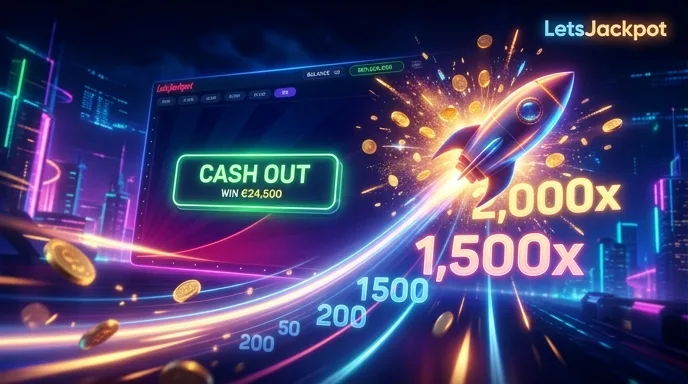 Aviator-achtige crashgame in LetsJackpot: een raket op een stijgende multiplier-curve met een hoge cashout