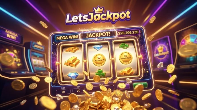 Slot van LetsJackpot op een grote winst: reels met gouden symbolen en een regen van munten