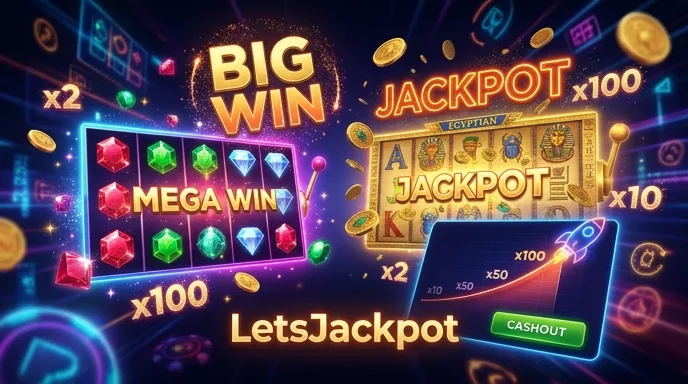 Welkomstbonus van LetsJackpot met doorspeelvoorwaarden naast een stapel fiches
