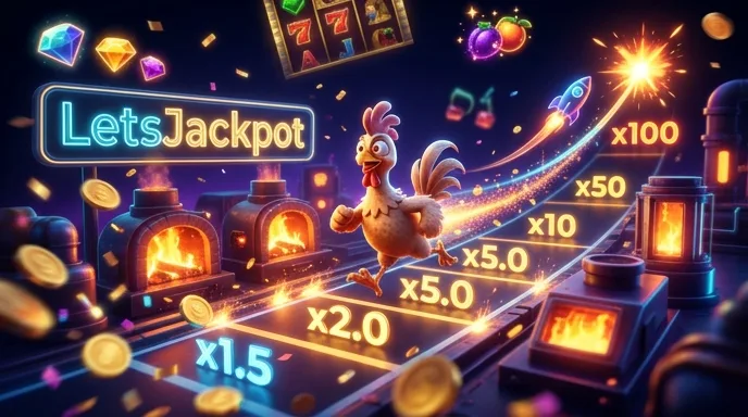 Chicken Road-achtige crashgame: een personage steekt een weg met gloeiende ovens over terwijl de inzet oploopt