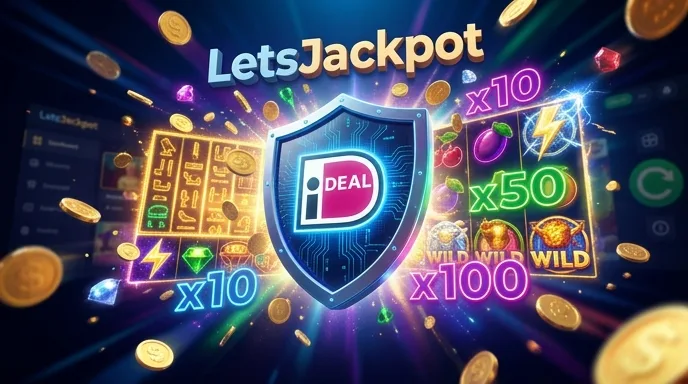Abstracte weergave van een snelle iDEAL-uitbetaling bij een online casino met munten en een beveiligingsschild