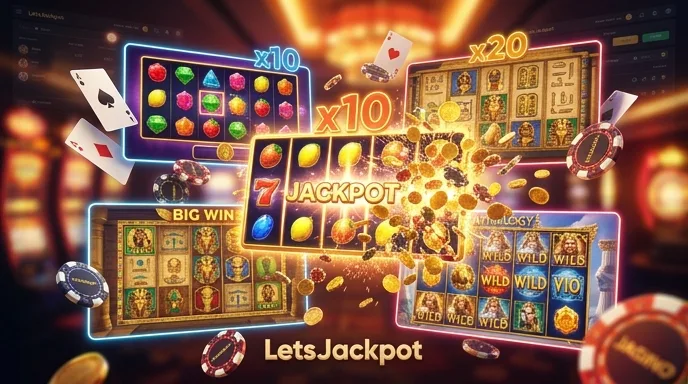 De spellenlobby van LetsJackpot als premium app-graphics: kaarten, chips en een draaiend roulettewiel